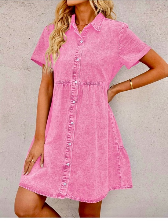 Dresses & Skirts - NWOT- Women’s Casual Short Sleeve Pink Tiered Denim Babydoll Dress- Medium